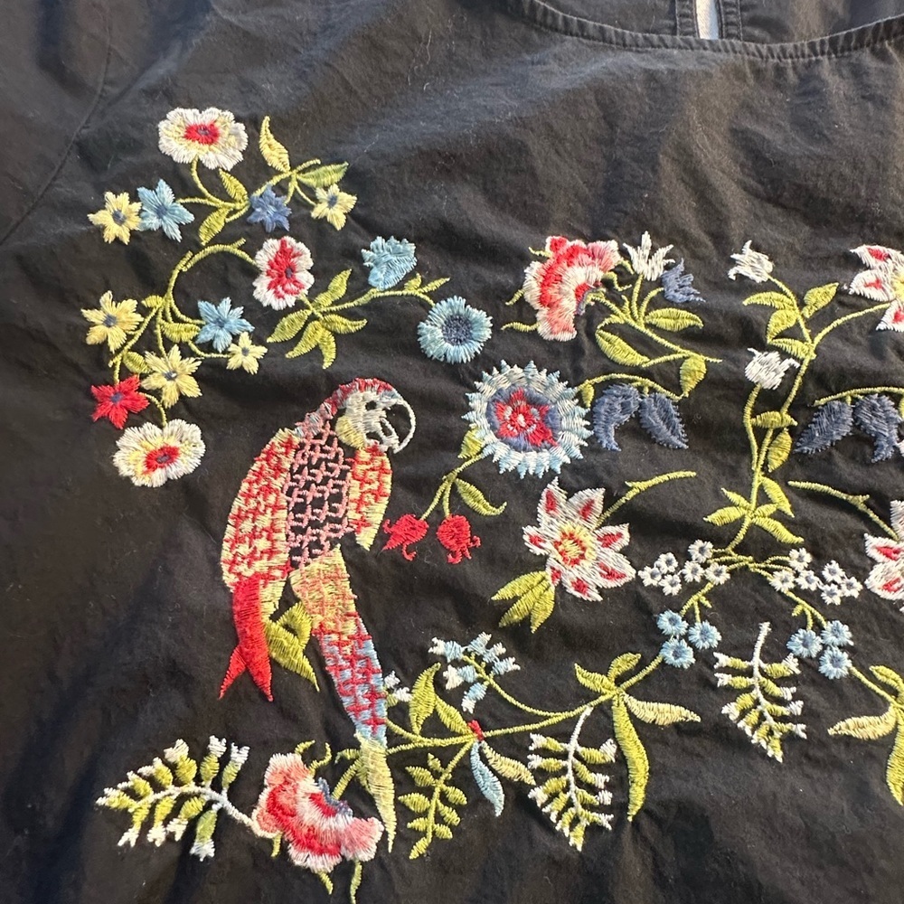 LOFT Black Blouse with Colorful Floral Embroidery & Bell Sleeves Sz Medium - Picture 6 of 11